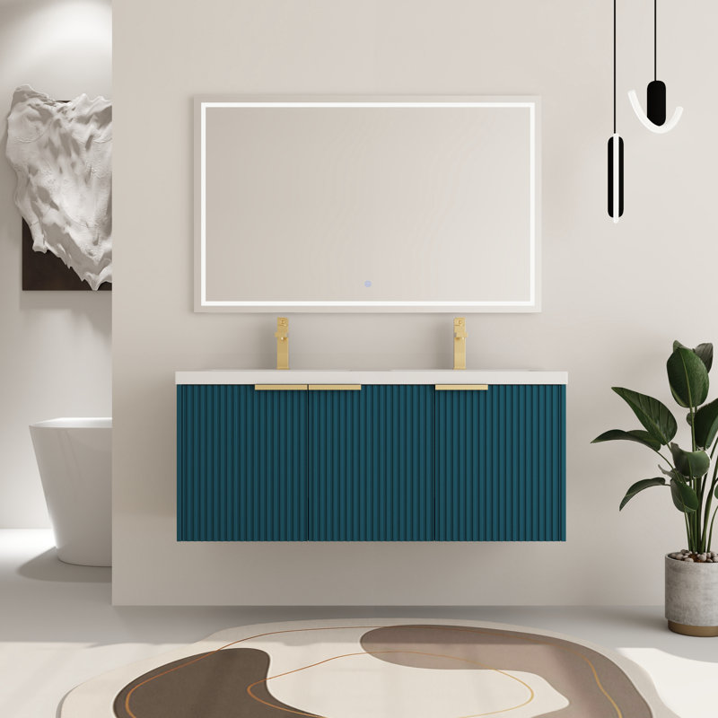  Ensemble de meuble-lavabo double 48 po avec plateau en résine Larchdale, Bleu lac / noir doré, 48"