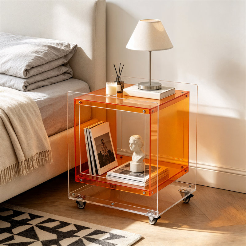 Table de chevet roulante en forme de cube acrylique pour tourne-disque, verte/orange/rouge, Yes, Rouge et transparent