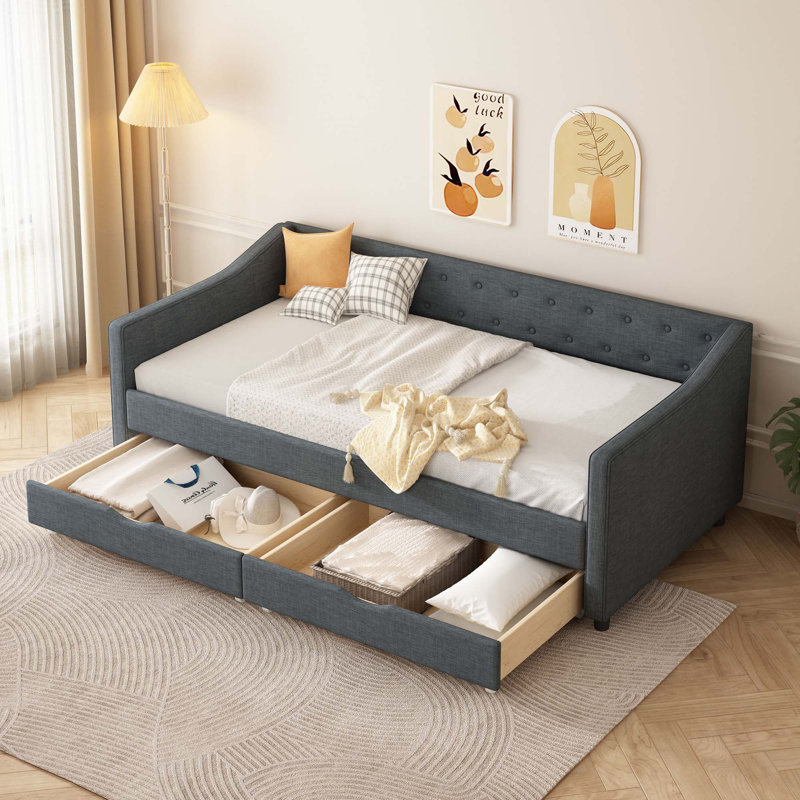 Daybed with Drawers Upholstered Tufted Sofa Bed, Dark Gray