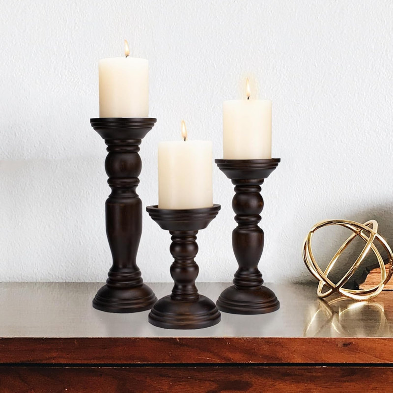 Set Of 3 Rustic Wooden Pillar Candle Holders
