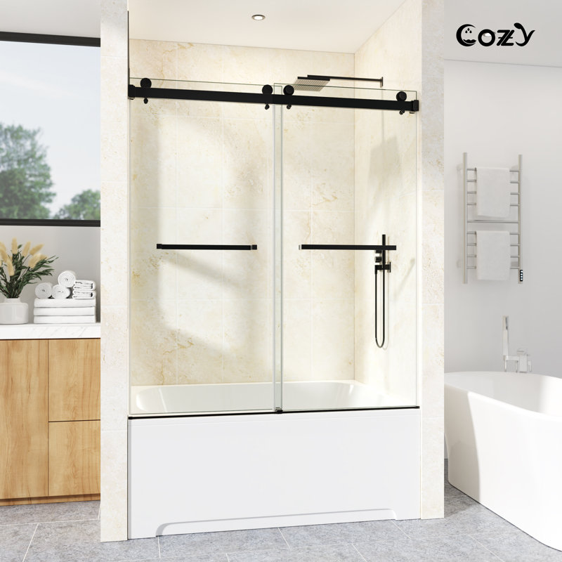  50-55" W x 60" H Frameless Double Sliding Shower Tub Door, 3/8" (10mm) SGCC Clear Tempered Glass with R5 Beveled Edge, Shatter-Resistant Anti-Explosion Film, Easy-Clean Coating & Installation Hole Locator