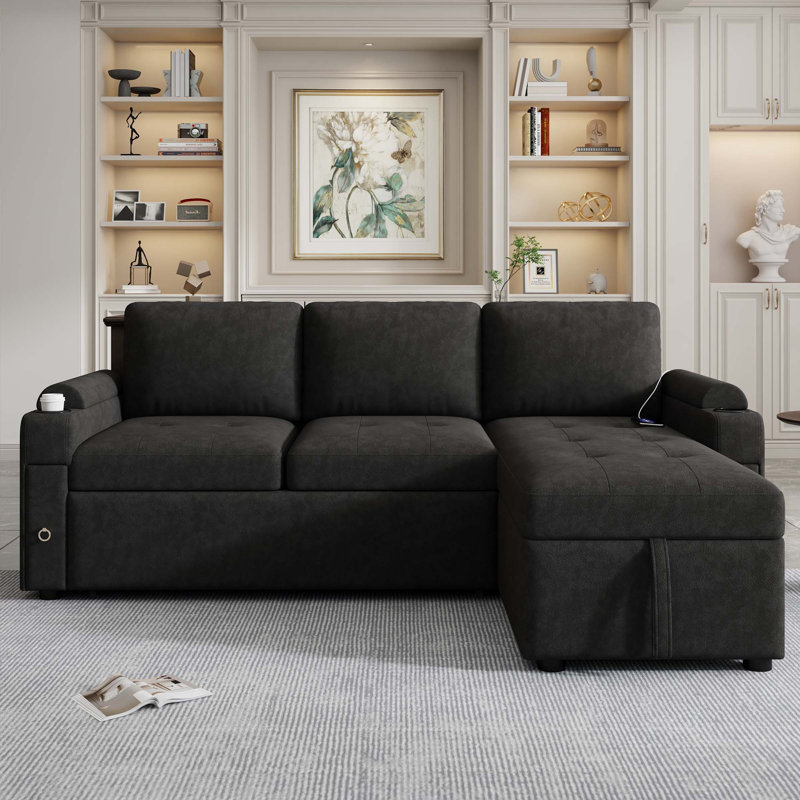 Canapé-lit en L de 83,5 po avec deux porte-gobelets et deux ports USB, Noir