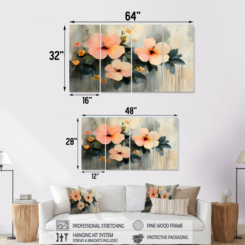 Minimalisme Hibiscus Spring Symphony - Hibiscus Wall Art - Art mural traditionnel pour le salon, H 32 po x l 64 po, 4