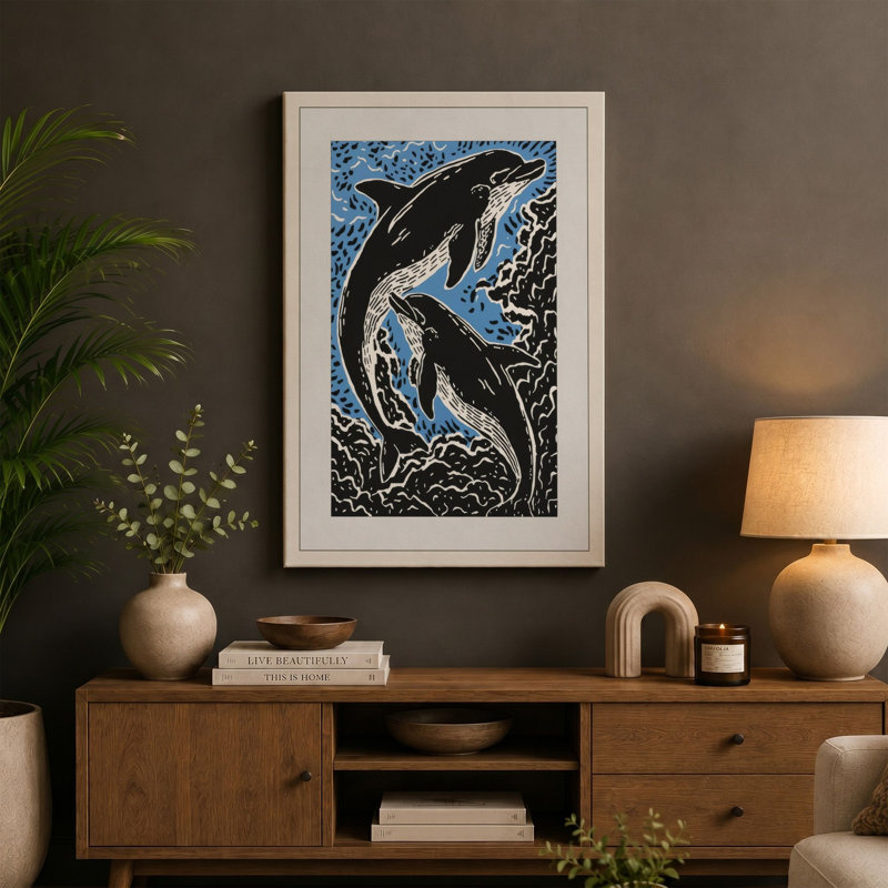 Leaping Whales Coastal - Wrapped Canvas, 36x24 - 91.4 x 61.0 cm, Cream Border