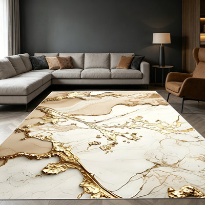 Tapis abstraits fluides crème et crème dorés métalliques 1pc pour le salon, doux et confortable, convenant à toutes les saisons, facile à entretenir, lavable à la machine, tapis de ferme sous la table adapté pour le vestibule, la chambre à coucher, la cuisine et la salle à manger