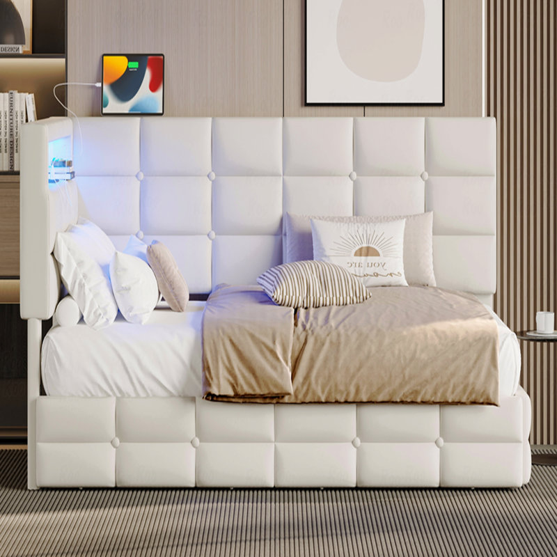 Structure de lit Lit de jour simple rembourré avec fonction de rangement 2 tiroirs et avec station de charge, éclairage de jour avec fonction de rangement avec tête de lit, aucun sommier nécessaire