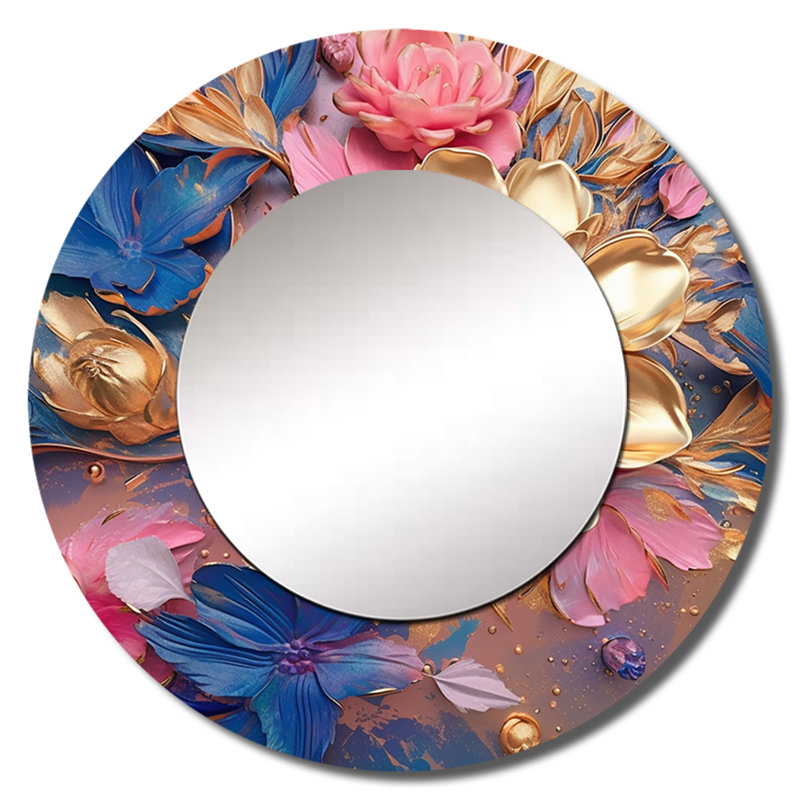 Grand miroir mural Salil, pivoine rose avec feuilles dorées I - coquelicots, miroir rond doré, 29 po x 29 po