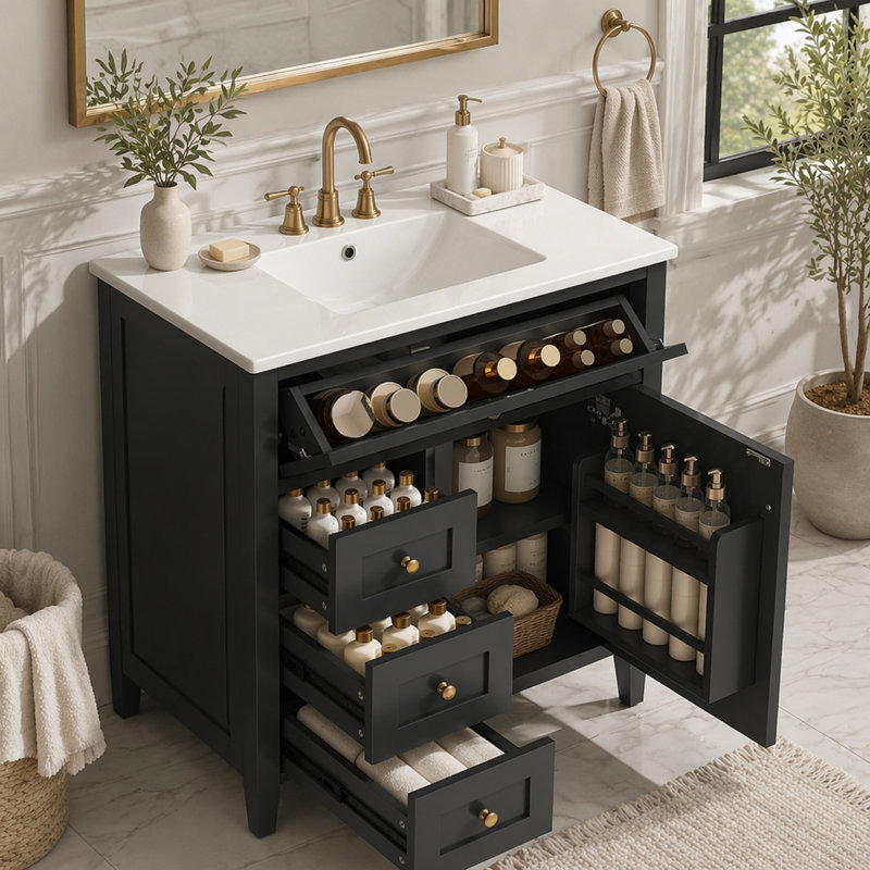 Meuble-lavabo autoportant de 30 pouces avec lavabo, panneau de fibres à densité moyenne moderne et bois d'hévéa avec 3 tiroirs et tablette réglable