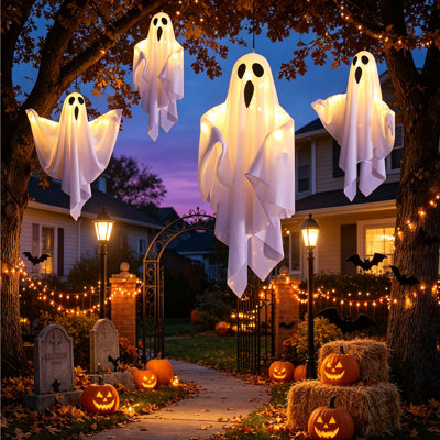 Halloween Hanging Light Up Ghost Decor Set of 4, Battery Operated White Fabric Ghost Ornaments with Warm LED Lights, Indoor & Outdoor Spooky Halloween Party Porch Yard Window Hanging Decorations for Haunted House Atmosphere,Set of 4