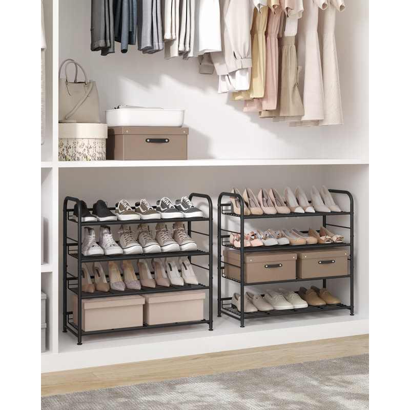 4 Tier 16 Pairs Shoe Rack Metal Shoe Shelf with Adjustable Tilt Angle, Black, 25.6" H x 27" W x 10.8" D