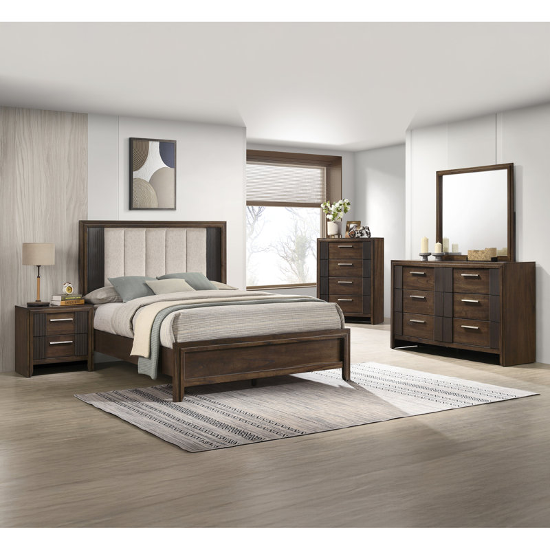 Grand lit, tête de lit tapissier, charme rustique, finition en bois riche, esthétique contemporaine, style brun, Grand lit