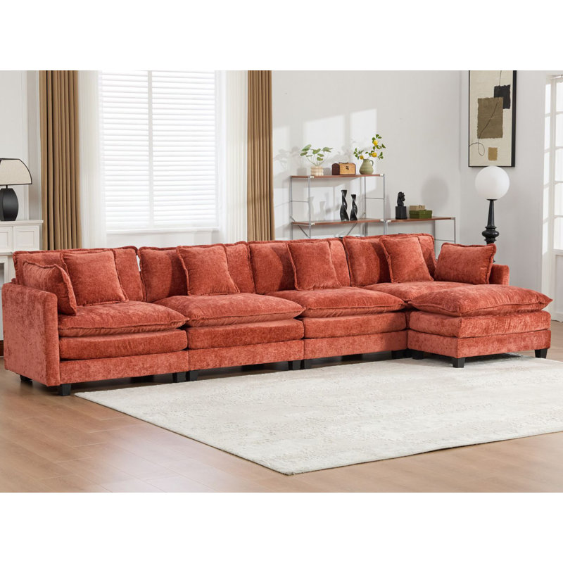 Schmucker L Shaped Modular Sectional Sofa, Oversized Cloud Couch With Ottoman, Orange Chenille, 33" H x 149.6" W x 35" D