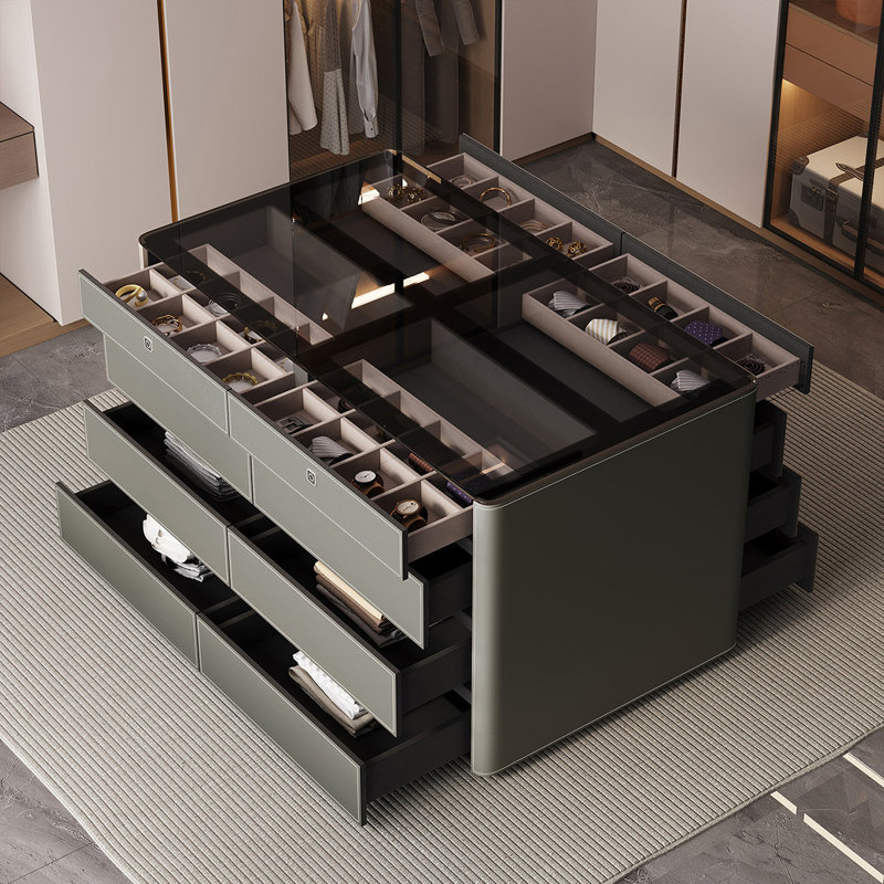 Comptoir rectangulaire en verre trempé transparent de 62,99 po, surface d'armoire en cuir gris, armoire de rangement pour bijoux