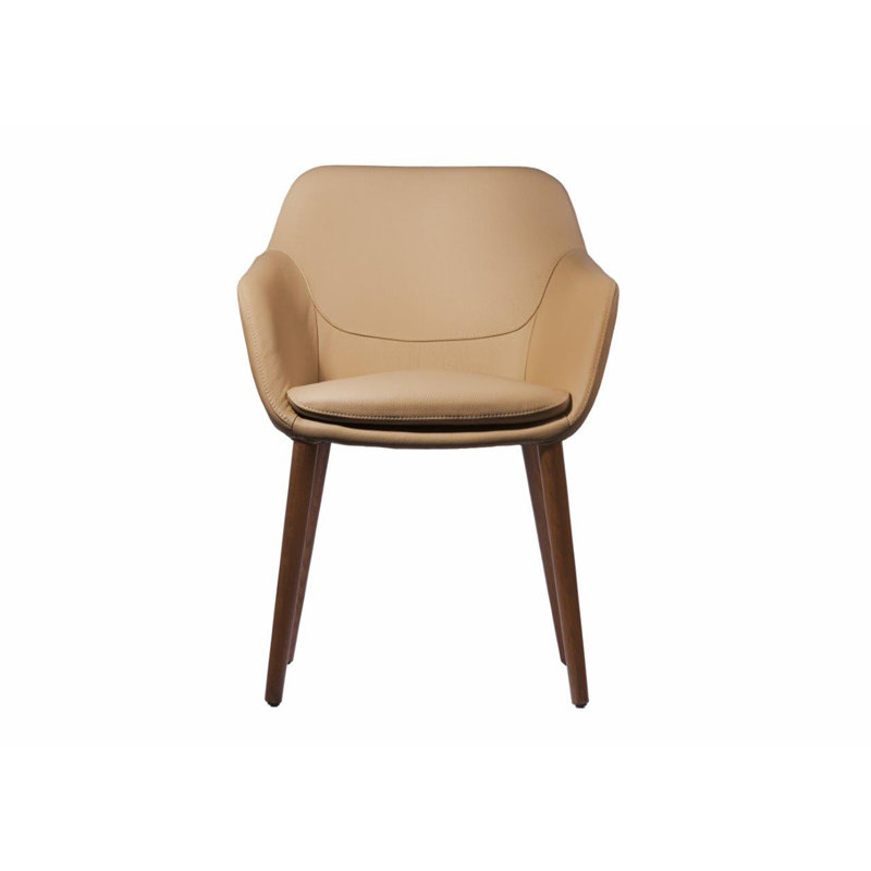 Karel 19.5 " H Genuine Leather Upholstered Oak Solid Wood Armchair, Dark Beige