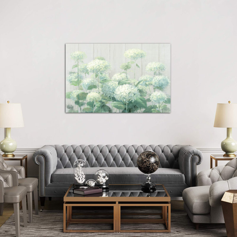 White Hydrangea Garden Sage On Wood by Danhui Nai - Wrapped Canvas Print, 66.04 cm H x 45.72 cm W x 1.91 cm D