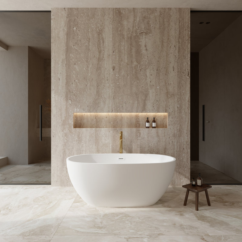 Juno 59'' x 32'' Soaking Acrylic Bathtub with Faucet, Matte White/Shiny White/Brushed Gold