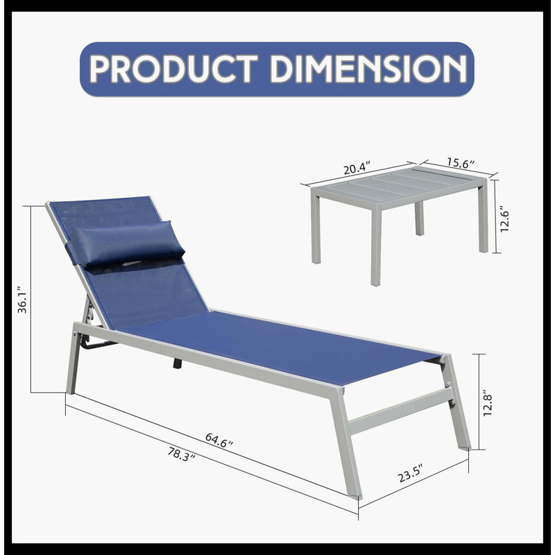Patio Chaise Lounge Set Of 3, Rust-Resistant Aluminum Pool Lounge Chairs With Detachable Side Table, Outdoor Adjustable Recliners With All-Weather Fabric For Poolside, Beach, Yard & Balcony (Navy Blue)