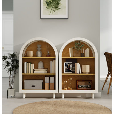 Ensemble de 2 petites bibliothèques arquées, armoire de rangement arquée, bibliothèque arquée moderne en bois avec 3 tablettes, blanc avec tablettes en grain de bois, étagère de rangement à 3 niveaux pour le salon, la chambre à coucher et le vestibule