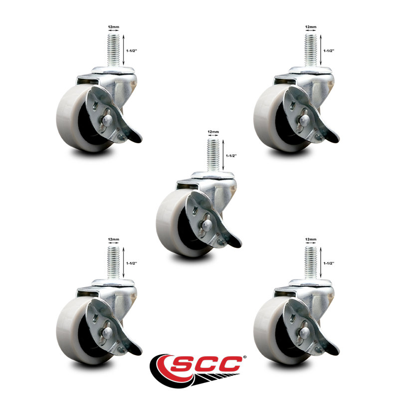 2 Inch Thermoplastic Wheel 12mm Threaded Stem Caster Set with Brakes Set of 5