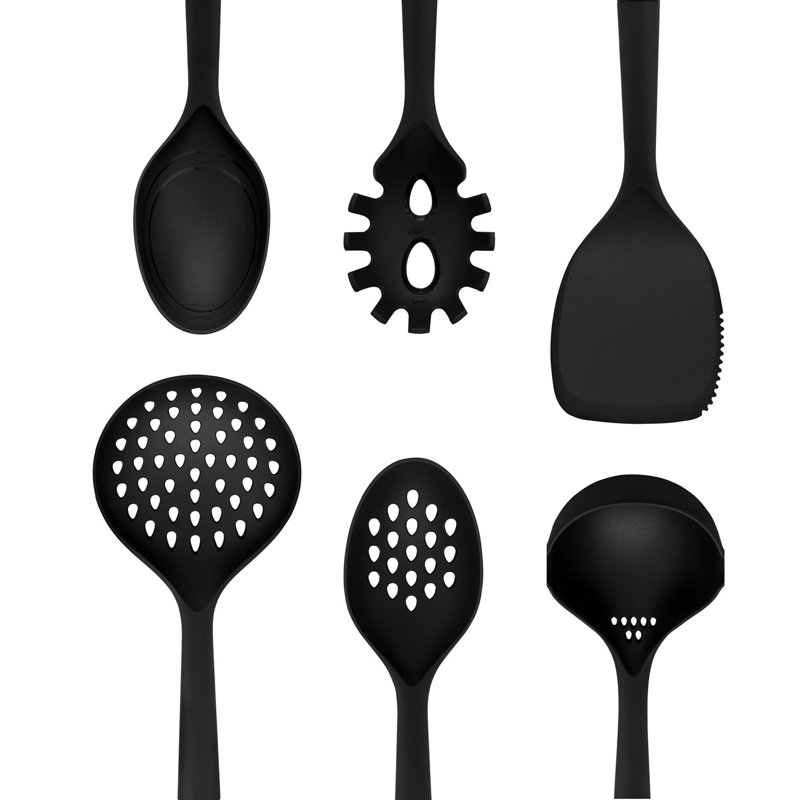 Swan SWKA61011 Stealth 6 Piece Kitchen Tool Set, Spaghetti Server, Solid Spoon, Slotted Spoon, Solid Turner, Ladle, Skimmer, Soft Touch Handles, Hanging Holes