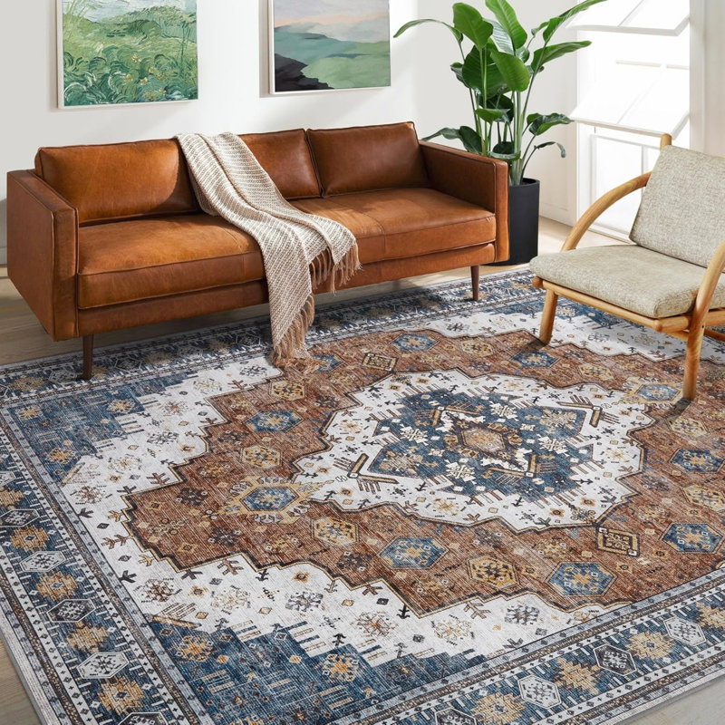 5 X 7 Ft Vintage Blue Brown Rug for Bedroom Living Room