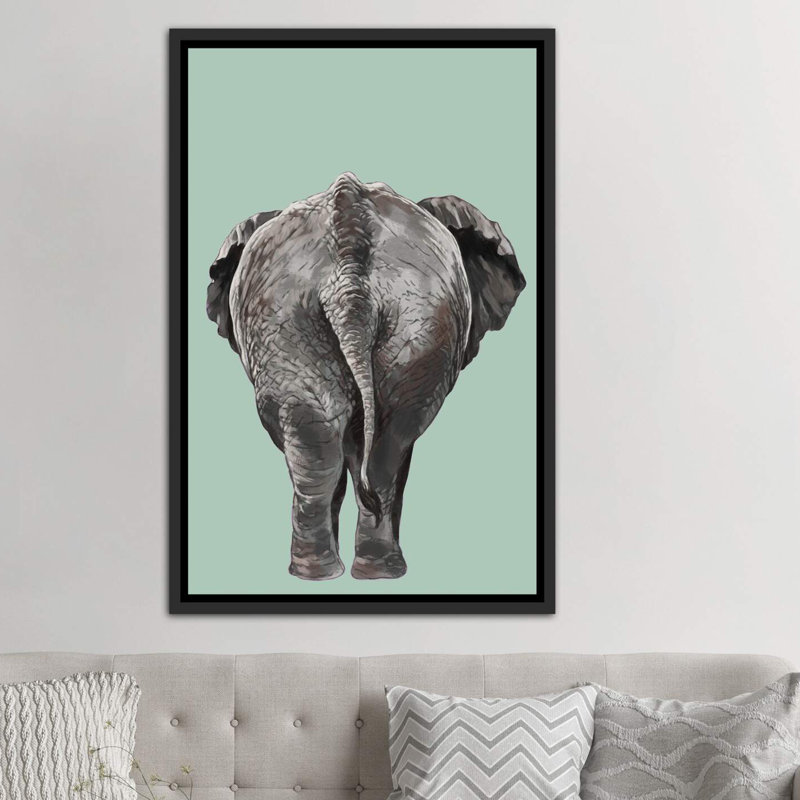 Art de bout éléphant, Toile avec cadre noir patiné, H 40 po x l 26 po x P 1,5 po