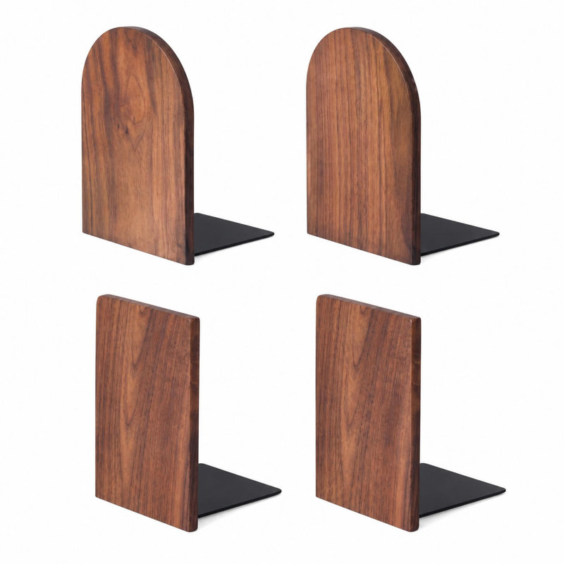 Ensemble de 4 serre-livres décoratifs en noyer, en bois et fer, comprenant 2 serre-livres rectangulaires et 2 ovales, avec base de support dissimulée et patins antidérapants pour livres lourds, bureau, bibliothèque et étagères de bureau.