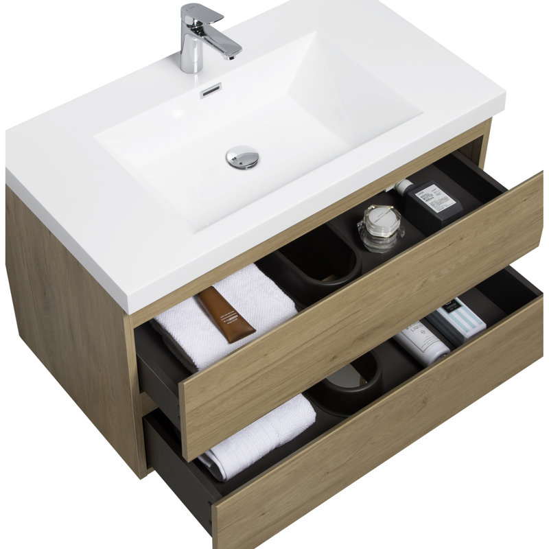 Meuble-lavabo de salle de bain moderne, armoire en chêne naturel avec comptoir en résine et tiroirs pratiques