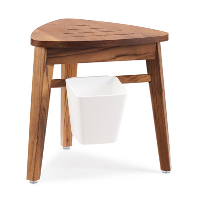 Ebern Designs Teak Shower Stool For Shaving, Teak Corner Shower Bench For Inside Shower, Small Wood Shower Stool For Foot Rest Bathroom, Waterproof Teak Corner Shower Stool 12.6", Easy Assembly