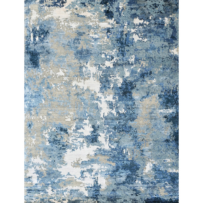 Tapis bleu et bleu clair de haute qualité noué à la main, Rectangle 4pi x 6 pi