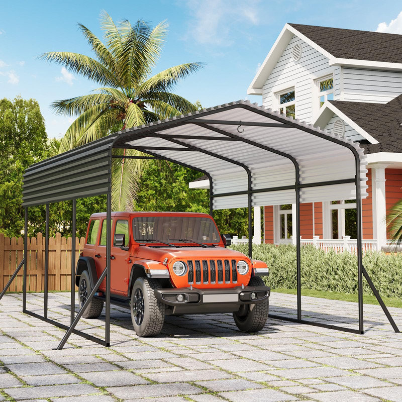 10x15 Ft Heavy Duty Metal Carport, All-Weather Outdoor Shelter for Car, Boat & Truck with Reinforced Frame, Ground Anchors & Windproof Design