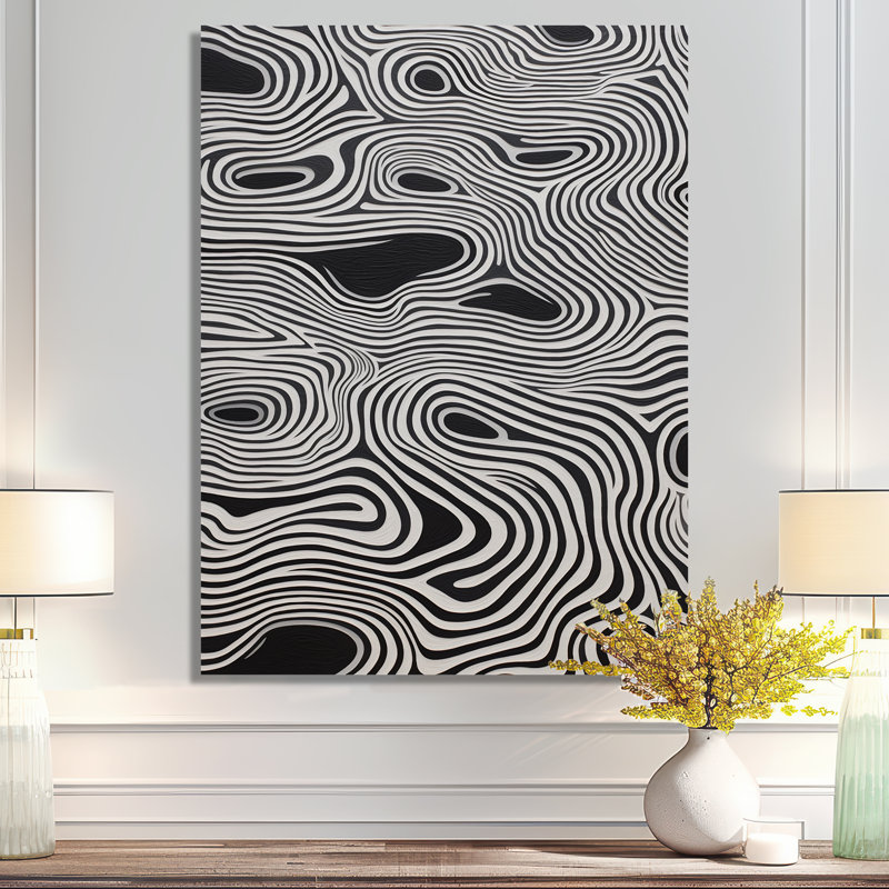Art mural noir et blanc minimaliste Labyrinth Waves - Minimalisme, H 20 po x l 12 po x P 1 po, Toile avec cadre flottant noir
