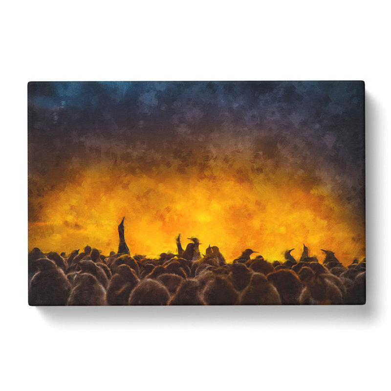 King Penguins & Orange Sunset - Wrapped Canvas Painting Print, 35cm H x 50cm W x 3cm D