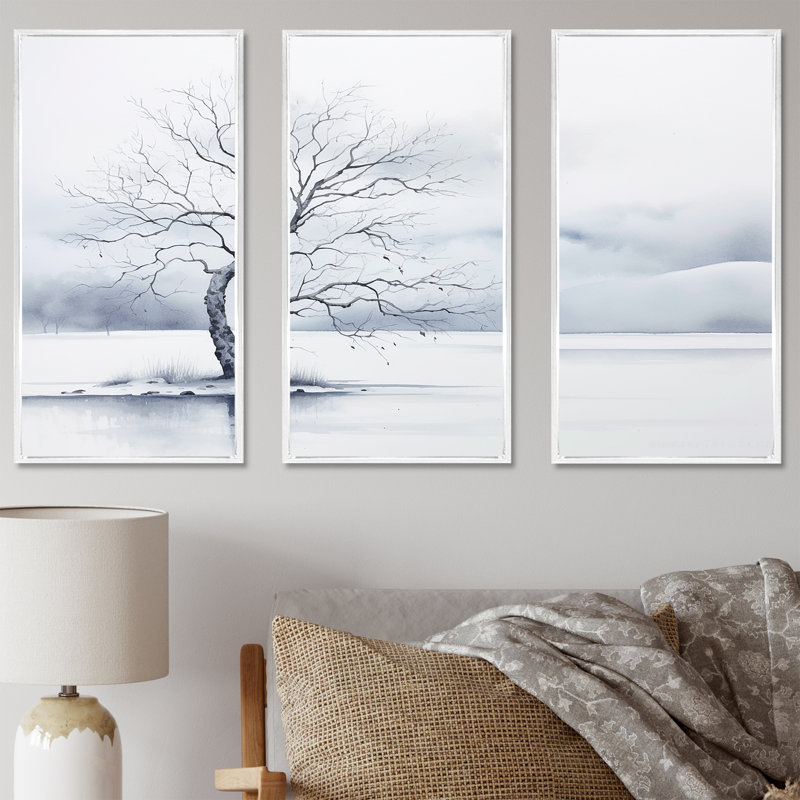 «Winters Tree Minimalisme I», ensemble d'art sur toile, Cadre flottant blanc, H 28 po x l 36 po x P 1 po