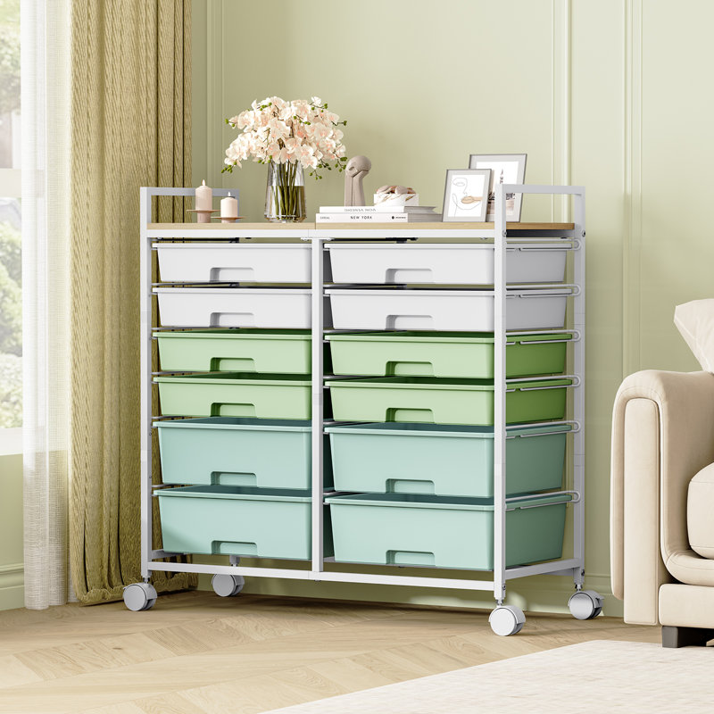 Chariot utilitaire roulant 12 tiroirs avec plateau en bois, rangement pour artisanat mobile et organisateur de fournitures d'art, chariot roulant pour bureau à domicile, rangement pour salle de classe avec roues