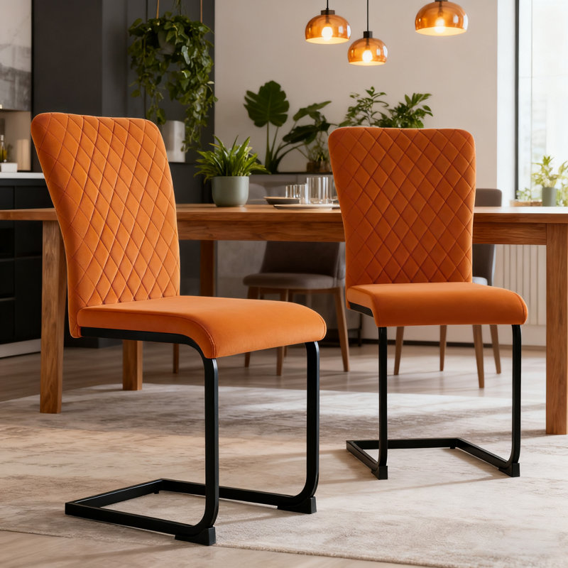 Culain Modern Velvet/Suede Upholstered Cantilever Dining Chair, Orange Velvet, 2