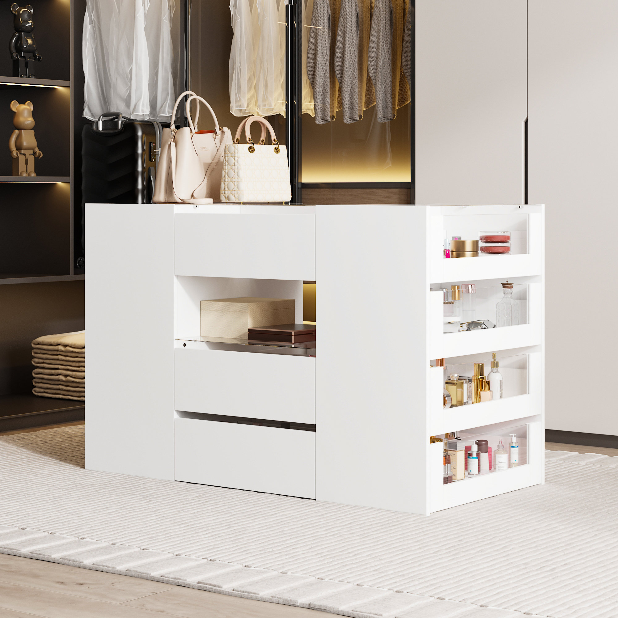 Latitude Run® White Closet Island With 14 Drawers And Tempered Glass ...