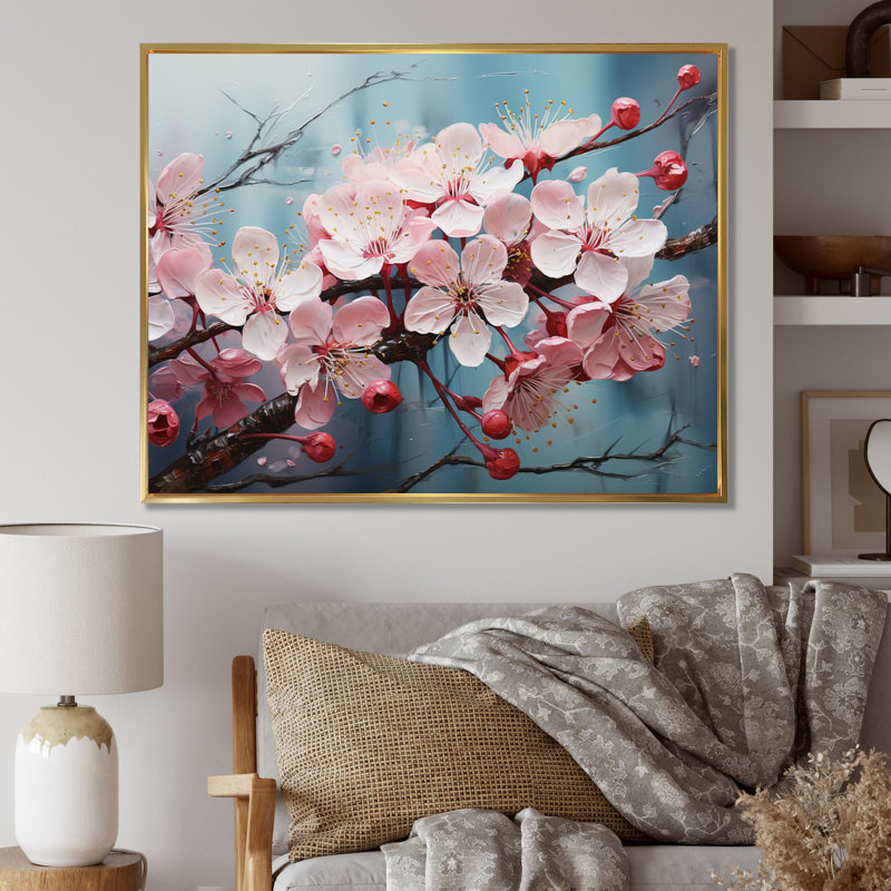 Fleur de pommier Impasto II - impression, H 16 po x l 32 po x P 1 po, Cadre flottant doré