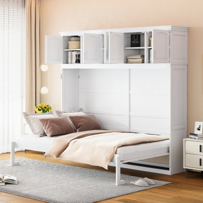 Grand lit en blanc, espace pour salle de gymnastique à domicile, mur d'installation facile à utiliser et à utiliser avec finition blanche, bureau d'étude, aucun sommier tapissier requis