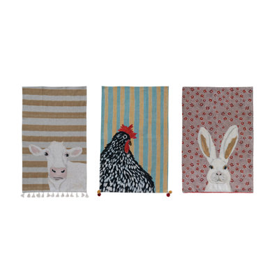 3-Piece Cotton And Linen Printed Tea Towel With Pattern, Animal Image And Pom Poms/Tassels