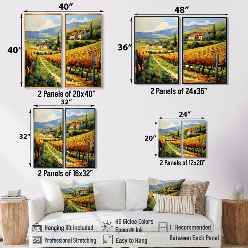 «Vangogh Sunlit Vineyard II» - art mural traditionnel jaune 2 panneaux, 36" H x 48" W, Impression encadrée flottante, Black