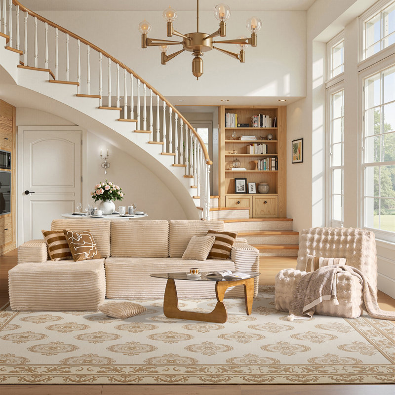 Ensemble de salon modulaire sans assemblage en L 3 pièces avec méridienne et fauteuil à billes sans accoudoirs Hogle, Beige