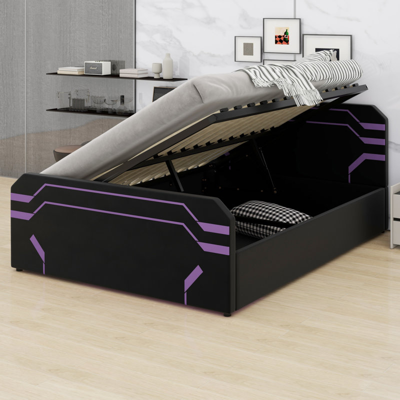 Lit plateforme tapissier hydraulique à rangement latéral, Black+Purple