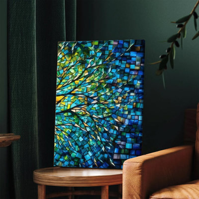 1PC Wall Arts Posters Framed,  Stained Glass Tree of Life Canvas Wall Art Vibrant Blue Green Yellow Mosaic Design Modern Home Decor Living Room Bedroom Office Decorative Painting Ready to Hang