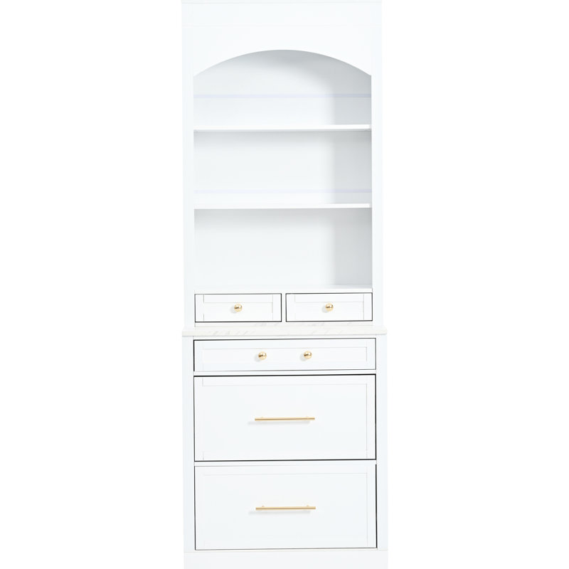 Grand garde-manger moderne blanc Topmat avec plateau en faux marbre et 5 tiroirs de rangement - conception compacte