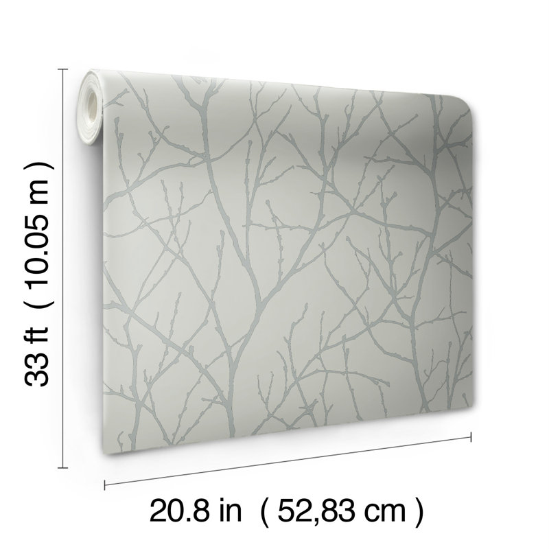 Trees Silhouette Floral Metallic Wallpaper Roll, Gray/Silver
