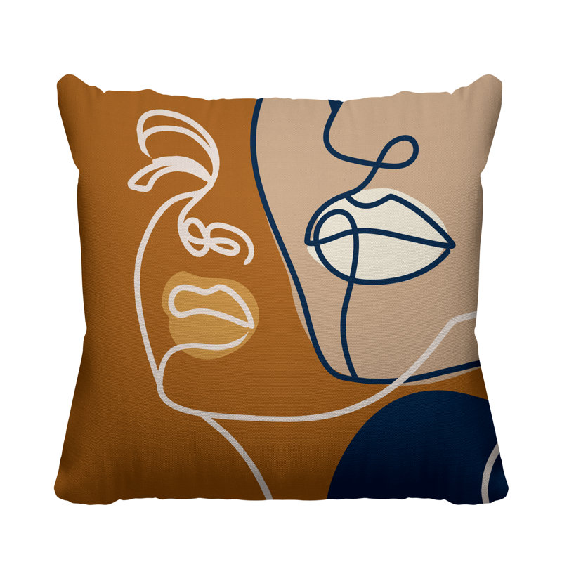 Coussin décoratif intérieur / extérieur Conte Minimalist Line Face, L 19 po x H 19 po, Orange