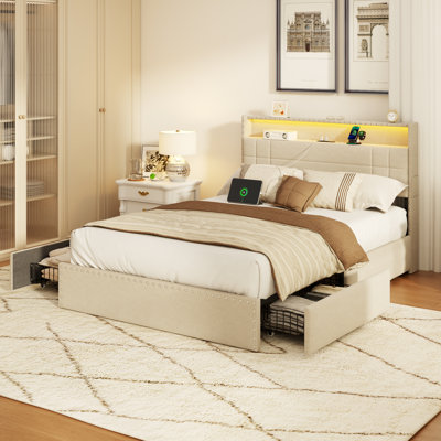 Full Modern Upholstered Platform Bed Frame with LED Lights, Charging Station, 4 Storage Drawers, Metal Slats Support, USB & Type-C, No Box Spring Needed