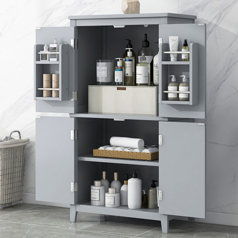 Elegant Bathroom Floor Storage Cabinet, Bathroom Storage Unit, Freestanding Cabinet With 4 Doors, Adjustable Shelves, Adaptable Shelves, Grey
