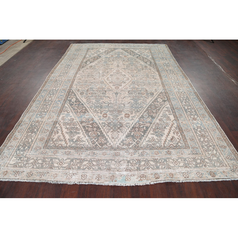 Tapis gris clair en laine noué à la main de conception unique 6 pi 8 po x 9 pi 11 po des années 1960